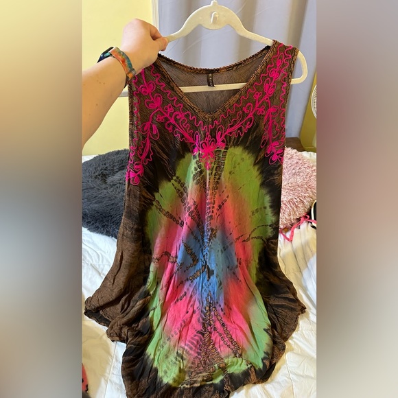 Sun Dress—True Rock Free Size Tie-Dye Rayon Embroidered V-neck, Brown Pink - Picture 3 of 12